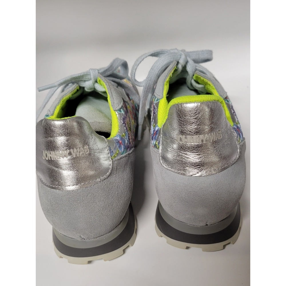 Gray Suede W M/C Floral Stitching Trim Johnny Was Lace Up Sneakers Size 37 - Picture 3 of 9